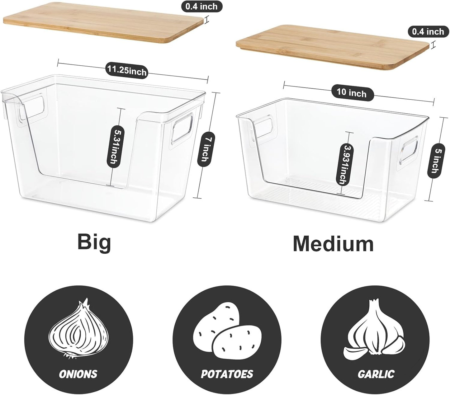 Pantry Organizers and Storage, Stackable Plastic Pantry Organizer with Lid & Handle for Kitchen Counter, Fridge for Fruit, Potato, Onion, Vegetable, 4 Set (Clear- 2 Large Bin & 2 Medium Bin)
