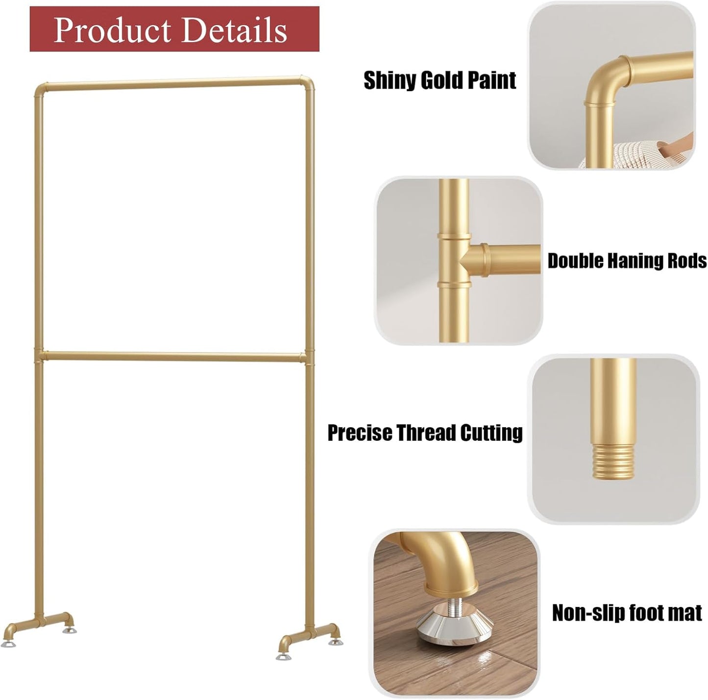 Industrial Pipe Clothing Rack, Heavy Duty Metal Clothes Rack with Double Rods, Freestanding Garment Rack for Bedroom Boutique Retail Use (Gold)