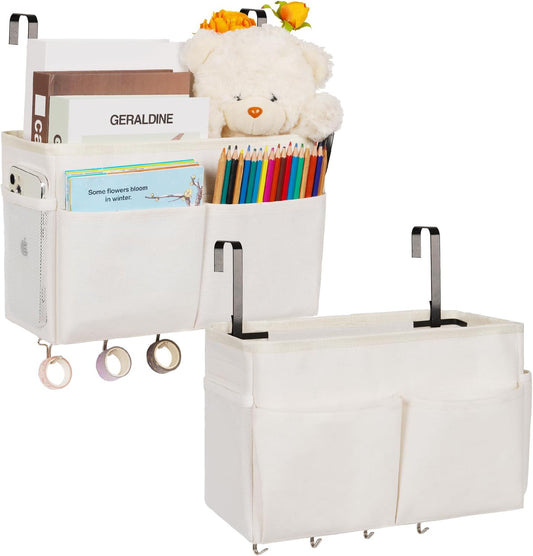 Bedside Storage Organizer 5 Pockets with 4 Hooks Hanging Storage Bag for Headboards/Bunk Bed (2Pack White)