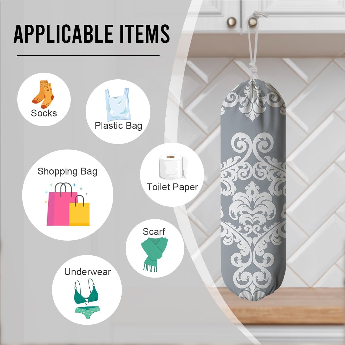 Damask Plastic Bag Holder, Reusable Garbage Bags Holders, Car Trash Bags, Wall Mount Kitchen Essentialsfor Home Kitchen, Housewarming Gift for Women Mom Grandma, Kitchen Pattern Garbage Bag 54