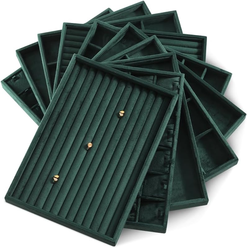 Velvet Ring Display Tray, Stackable Muilt Slot Rings Ear Stud Storage Tray, Drawer Insert Jewelry Accessories Organizers Plate (Green)