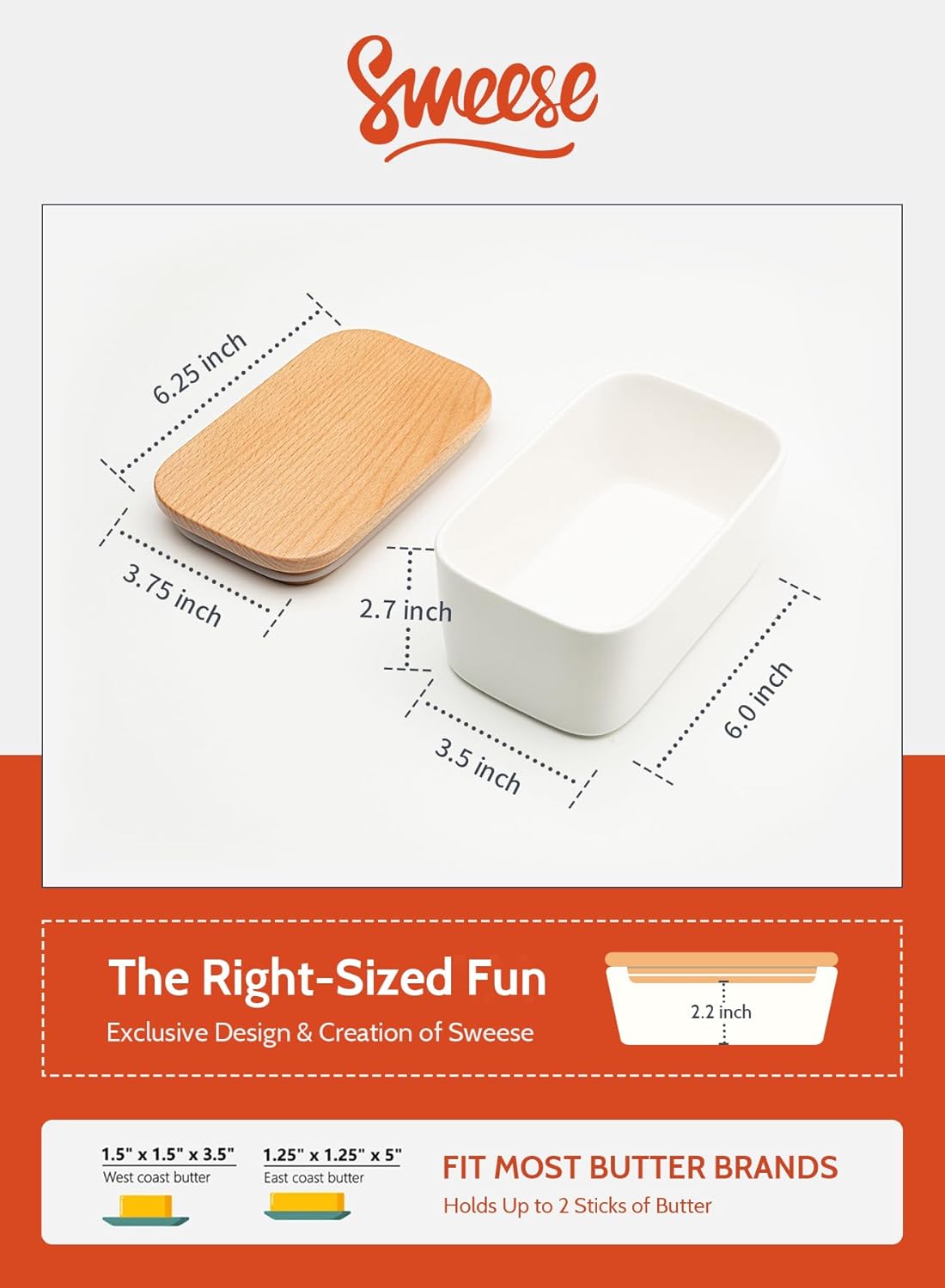 Sweese Large Butter Dish - Airtight Butter Keeper Holds Up to 2 Sticks of Butter - Porcelain Container with Beech Wooden Lid, White