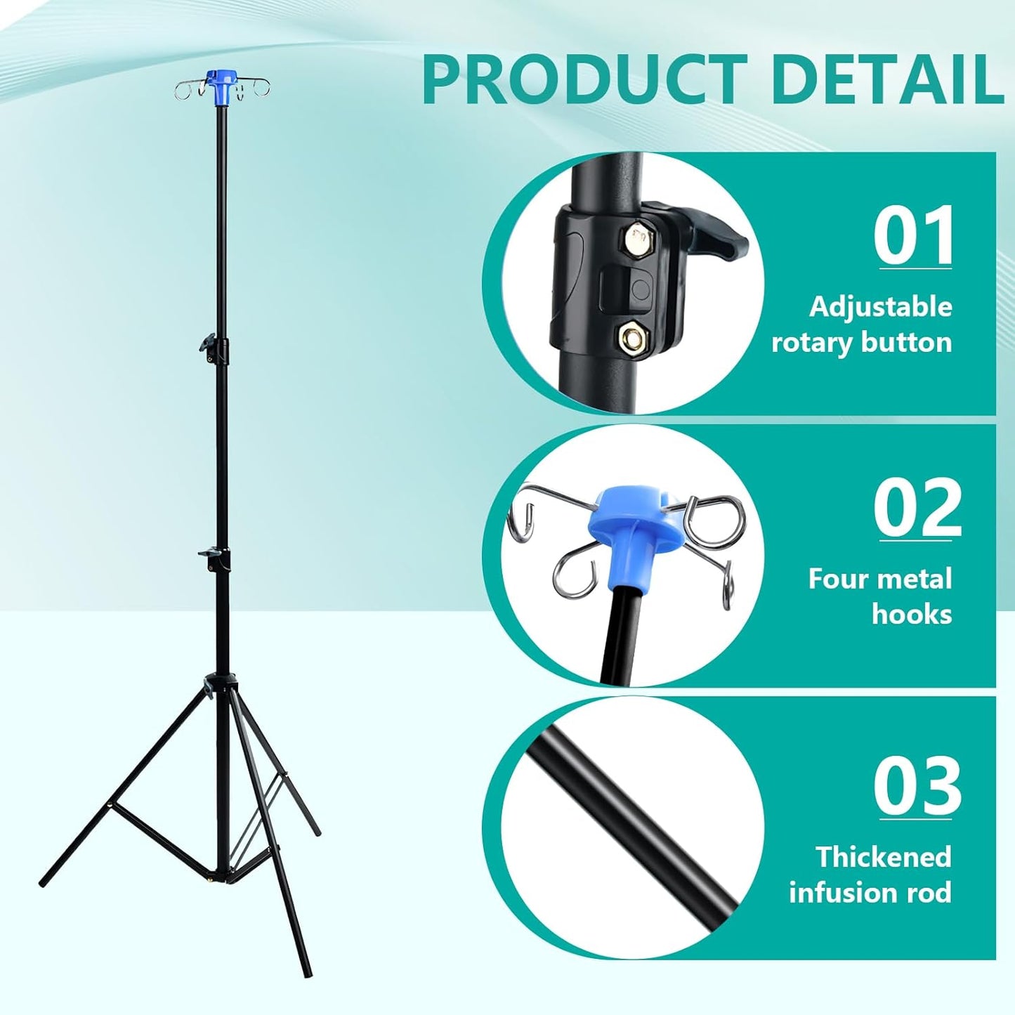 Lefeke IV Pole Portable for Traveling, Adjustable IV Stand with Hooks, Medical IV Drip Infusion Bag Holder, IV Fluids Floor Stand (Black)