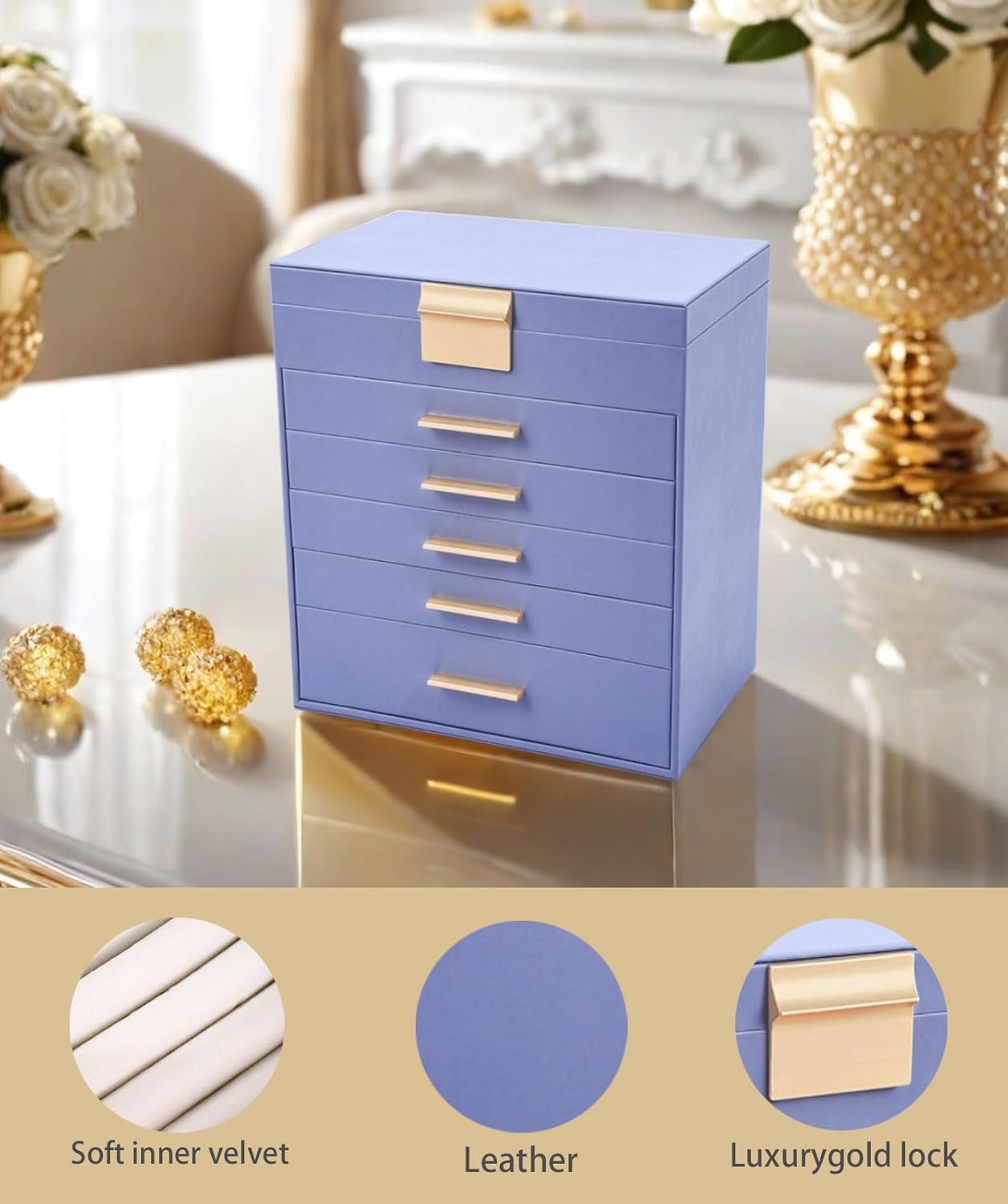 BOOVO Jewelry Box with Necklace Hanger – 6 layer Jewelry Organizer for Women with 5 Drawers, Large Jewelry Storage Boxes –Jewelry Organizers and Storage for Earrings, Necklaces (Purple, 6 layer)