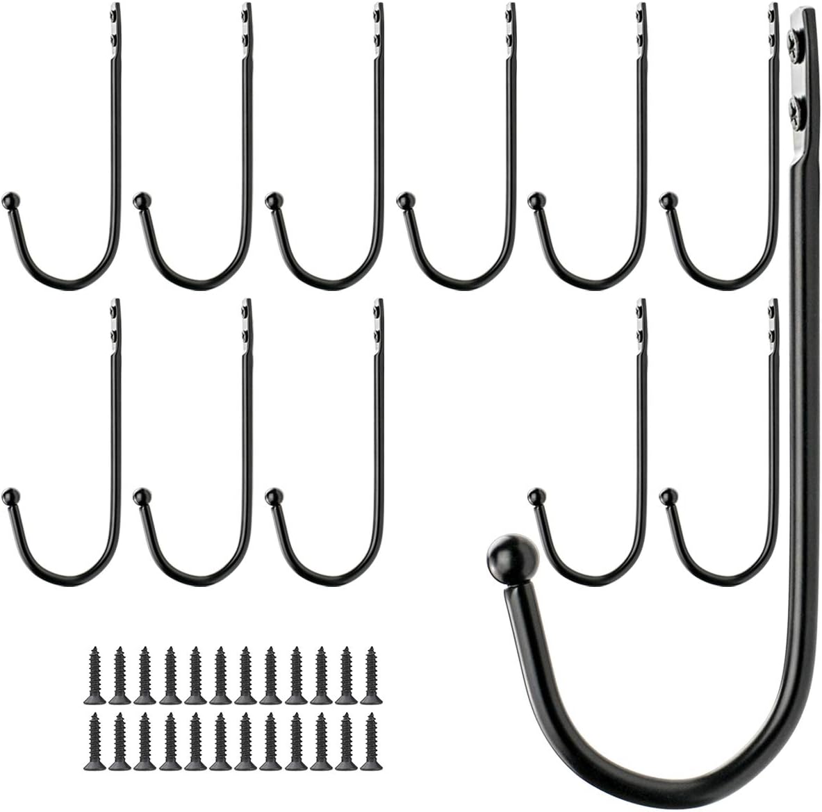 Wall Mounted Single Hook Wall Hanger Key Holder Wrought Iron Coat Hat Hooks, Set of 12 pcs and 24 pcs Screws, Black, Length:4.92inch