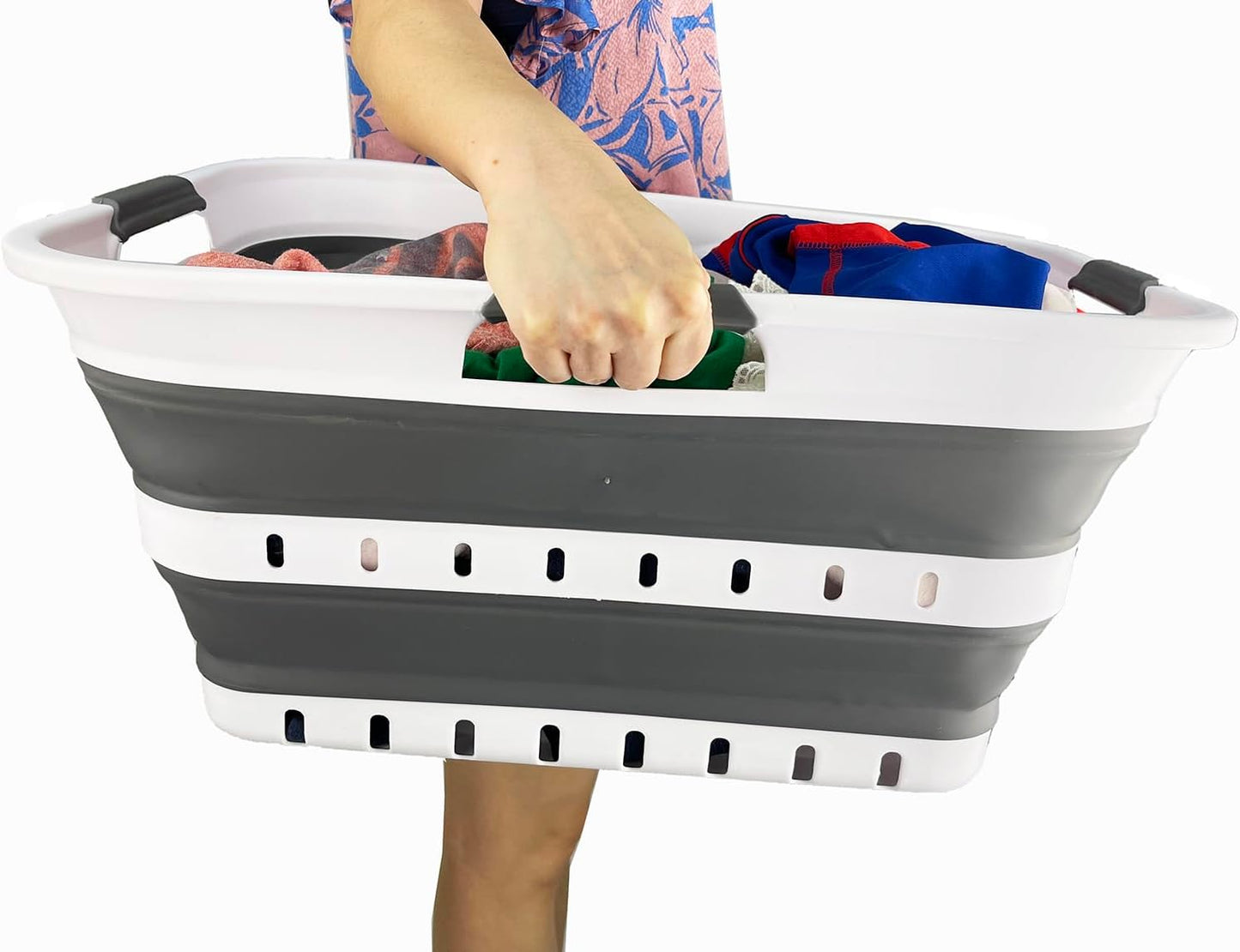 SAMMART Collapsible Plastic Rectangular Laundry Basket - Foldable Pop Up Storage Container/Organizer - Portable Laundry Hamper - Space Saving (White/Steel Grey, 42L)