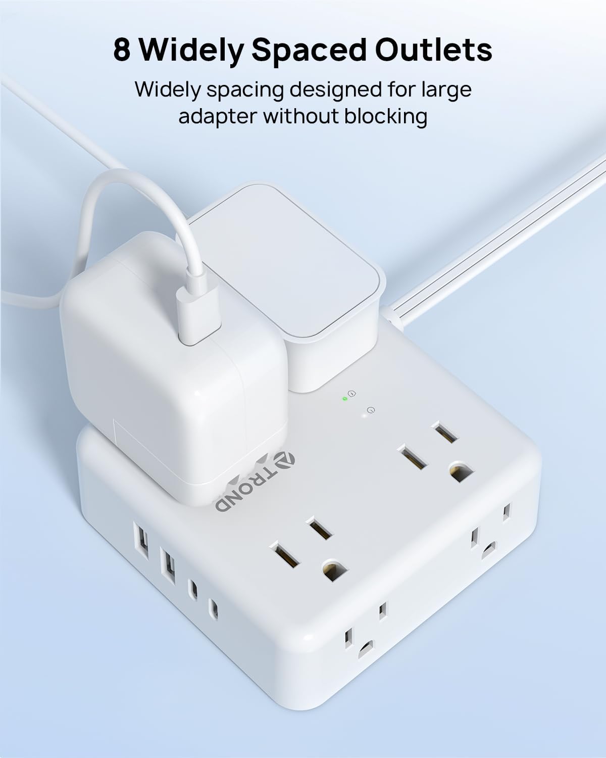 TROND 5ft Flat Extension Cord with 2 USB C, Ultra Thin Flat Plug Power Strip, 8 Widely Outlets and 4 USB Ports, 1700J Surge Protector, Extension Cord for Office, Travel, Home, White