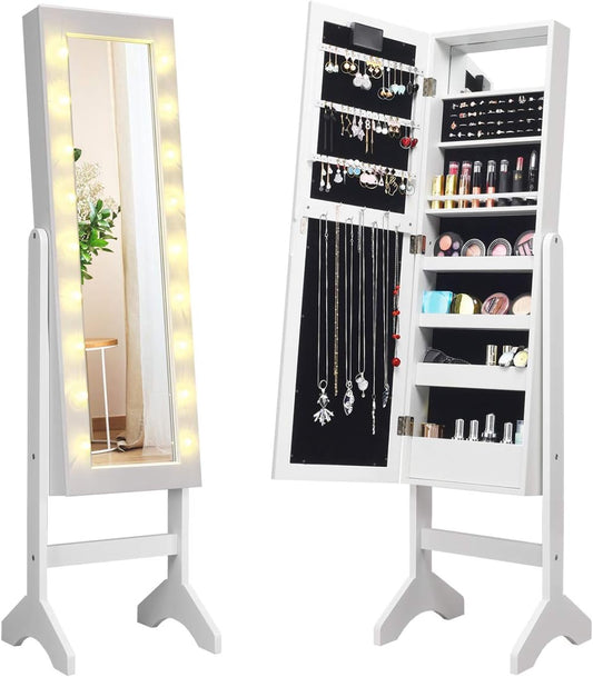 Giantex Standing Jewelry Armoire with 18 LED Lights Around the Door, Large Storage Mirrored Jewelry Cabinet with Full Length Mirror, 16 Lipstick Holders, 1 Inside Makeup Mirror (White)