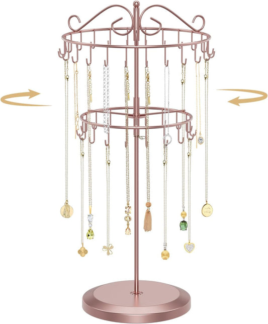 MODOWEY Rotating Necklace Holder Organizer Display Stand with 42 Hooks, 2 Tier Adjustable Metal Tree for Long Necklace Hanger, Tall Spinning Bracelet Storage Rack for Men Women, Rose gold