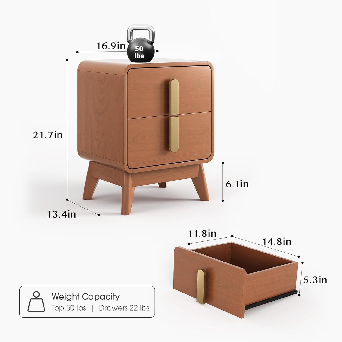 Night Stand Set 2, Mid Century Modern Bedside Table with Drawers, Curved Profile Design End Table with Metal Handle, Nightstand Set of 2 with Storage, Bed Side Tables for Bedroom, Cherry