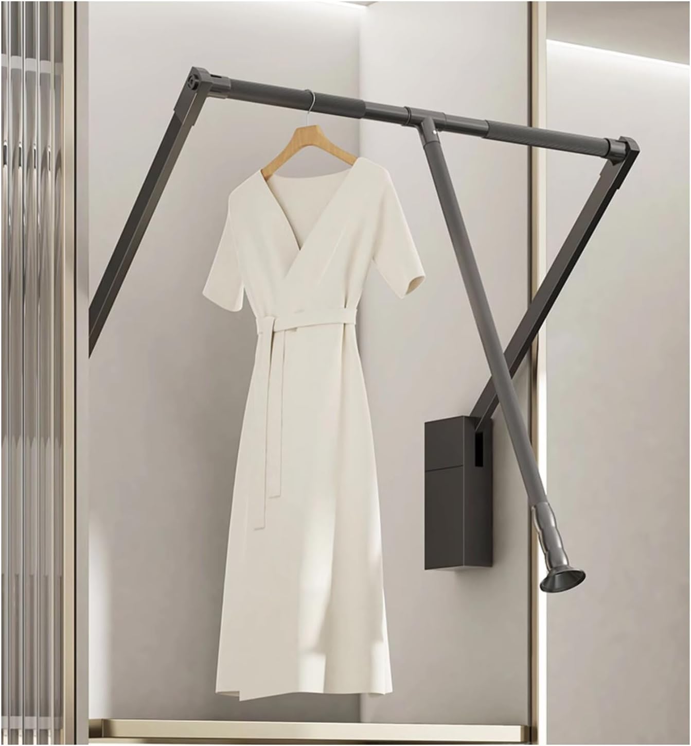 Pull Down Closet Rod for Hanging Clothes, Retractable Wardrobe Hanger for Cabinet Inside Width 21.6"~26", Aluminium alloy Tubing with Plastic Housing, 44 lb Weight Rating