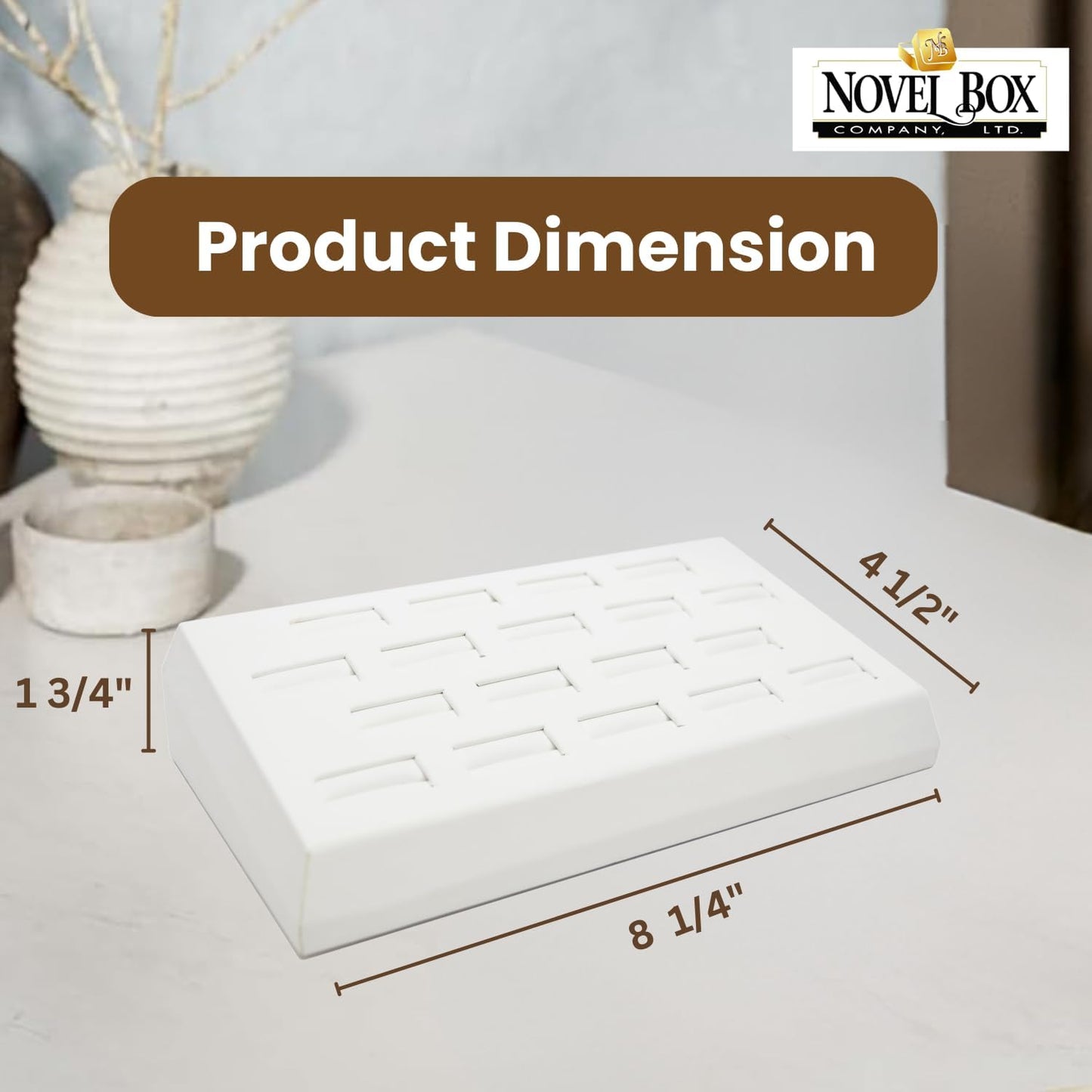 Novel Box 18-Slot White Leatherette Rings/Earrings/Cufflinks Holder Tray 8.25x4.5x1.75 Inches - Ring Holder Organizer for Selling or Personal Use - Jewelry Display Trays for Special Occasions