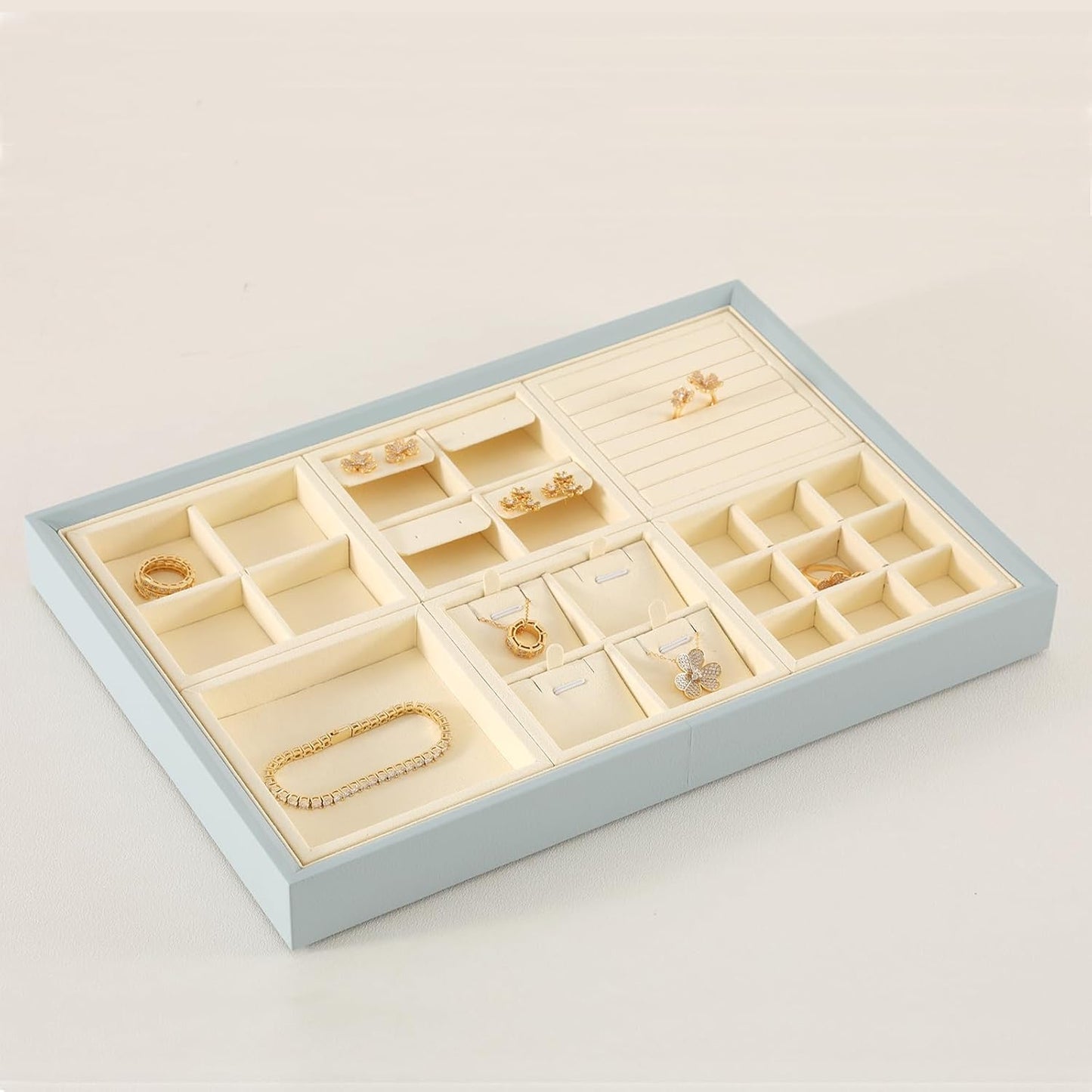 Dark Blue Jewelry Display Tray Ring Necklace Earring Bangle Organizer Multifunctional Storage Case for Jewelry Showcase (Small 4 Grids Pendant Tray(beige))