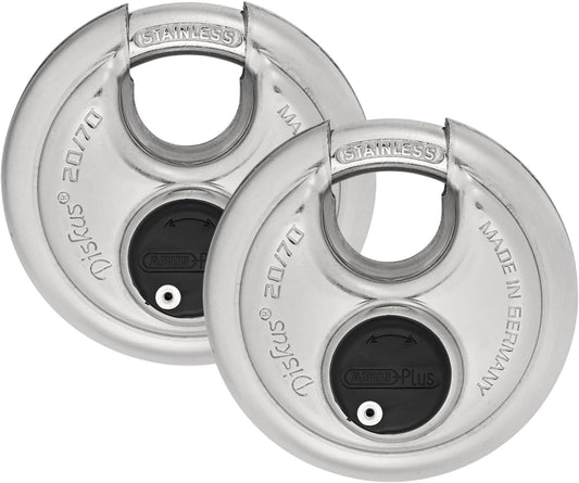 ABUS 20/70 2 Pack Heavy Duty Diskus Storage Padlock with 2 Keys for Storage, Outdoor, Commercial, 2.75in (70mm) Wide, Keyed Alike 323614