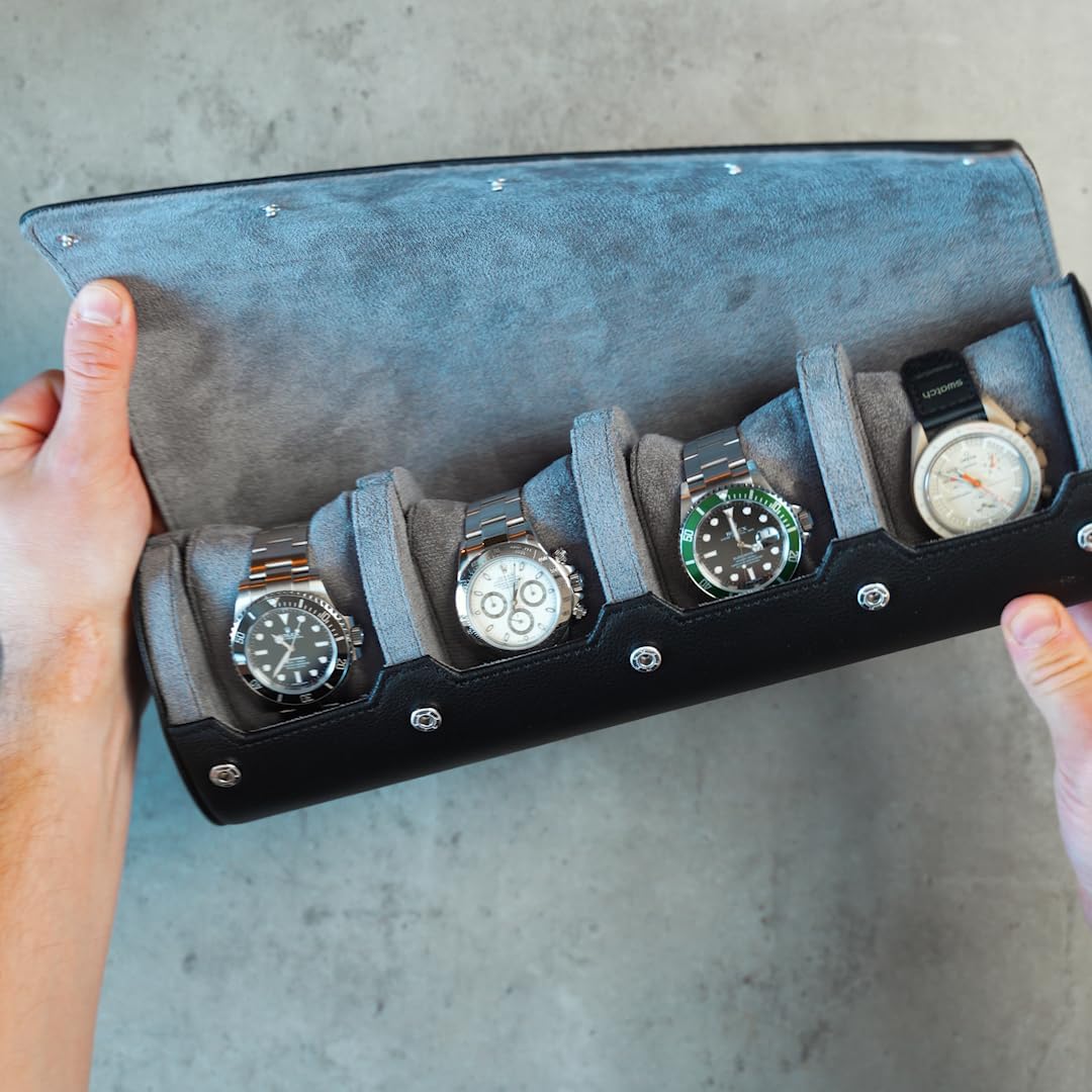 DailyWatch | Personalized Watch Roll Travel Case For 4 Watches - Handmade Genuine Leather Travel Case With Custom Engraving of Name or Initials - Black Grey