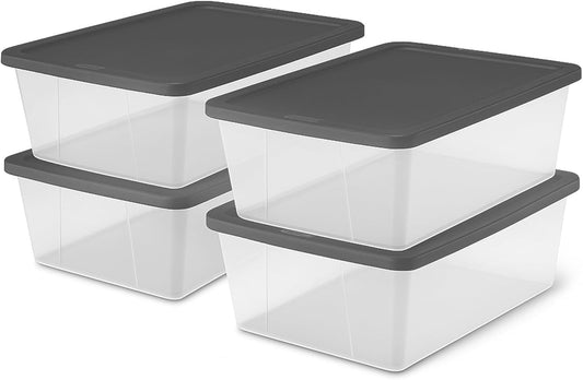 HOMZ 4-Pack Snaplock, Small Clear Plastic Storage Organizer Bins w/Lids, 12 Quart, Gray - Stackable Container Boxes for Bedroom, Bathroom, Garage, and Office Organization
