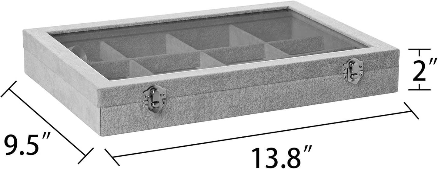 Frebeauty Velvet Jewelry Tray,12 Grid Jewelry Organizer with Clear Lid,Bracelets Holder,Jewelry Display Case with Clasp,Drawer Insert Bangle Brooch,13.8 x 9.5 x 2 Inches,Gift for Women Girls(Grey)