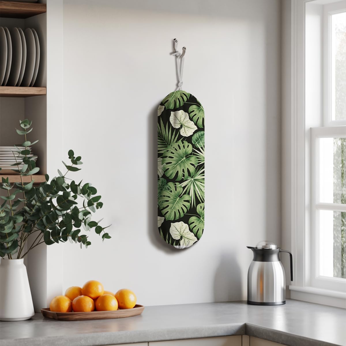 Green Leaves Plastic Bag Holder, Wall Mount Plastic Bags Organizer for Car Trash, Tropical Home Kitchen Decor, Reusable Grocery Bag Organizer, Kitchen Pattern Garbage Bags 52