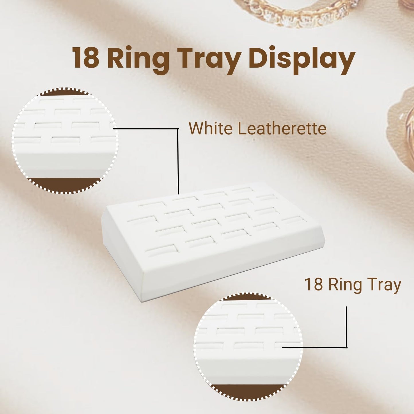 Novel Box 18-Slot White Leatherette Rings/Earrings/Cufflinks Holder Tray 8.25x4.5x1.75 Inches - Ring Holder Organizer for Selling or Personal Use - Jewelry Display Trays for Special Occasions