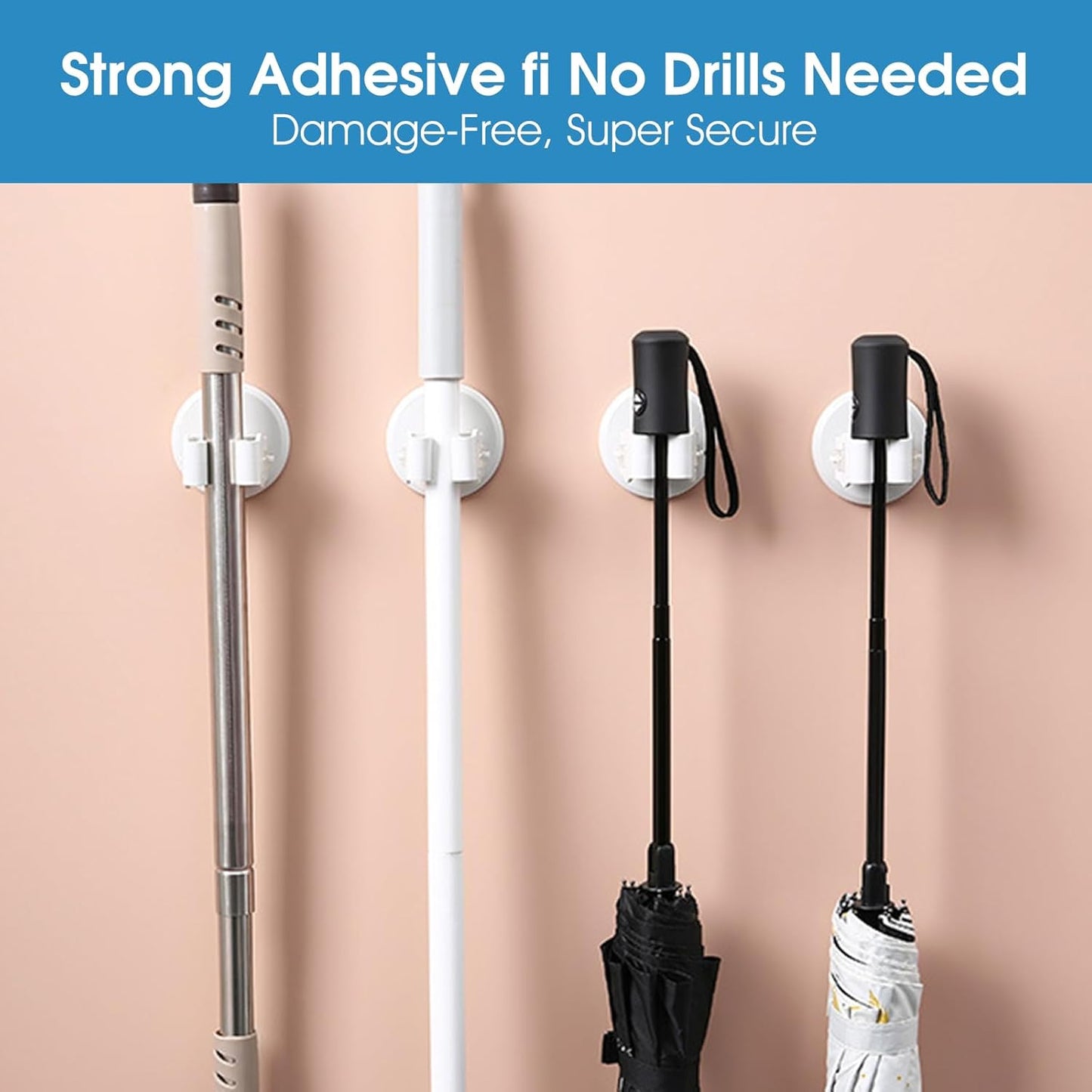 Broom and Mop Holder Wall Mount - 3 Pack Self Adhesive Mop and Broom Organizer - No Drill Heavy Duty Gripper Hooks for Kitchen Bathroom Garage Storage - Space Saving, Waterproof, White