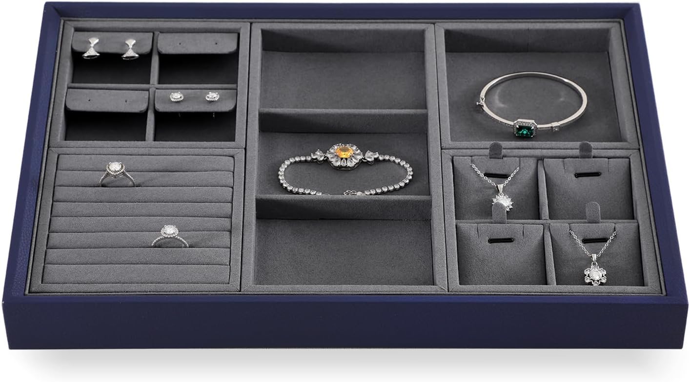 Dark Blue Jewelry Display Tray Ring Necklace Earring Bangle Organizer Multifunctional Storage Case for Jewelry Showcase (Long 3 Grids Tray)