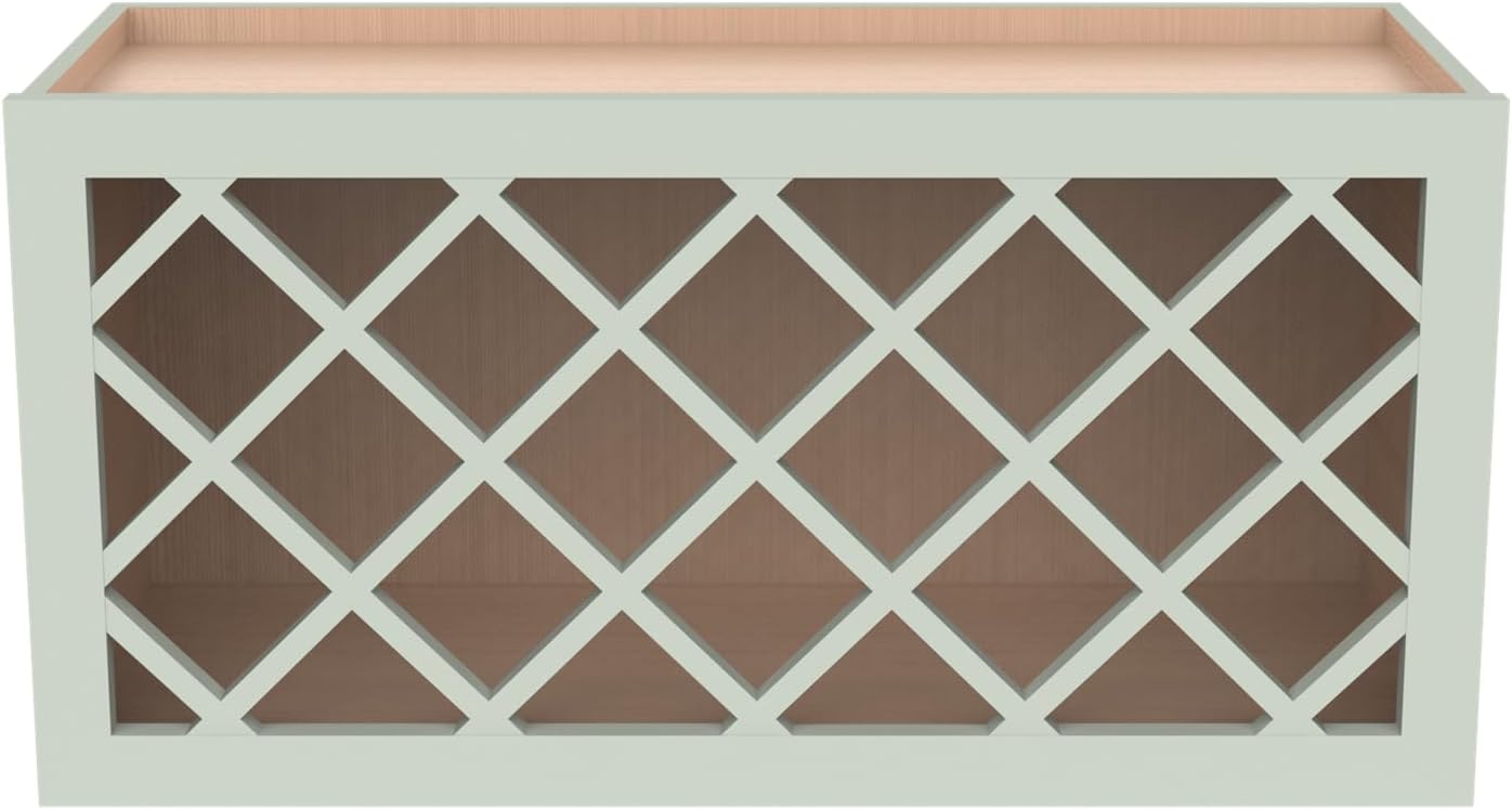 Solid Wood RTA Wine Bottle Rack Wall Cabinet with Lattice Panels - Wine Storage for Bar, Pantry, Cellar - Mocha (Jade Green, 36'W 12'D 18'H)