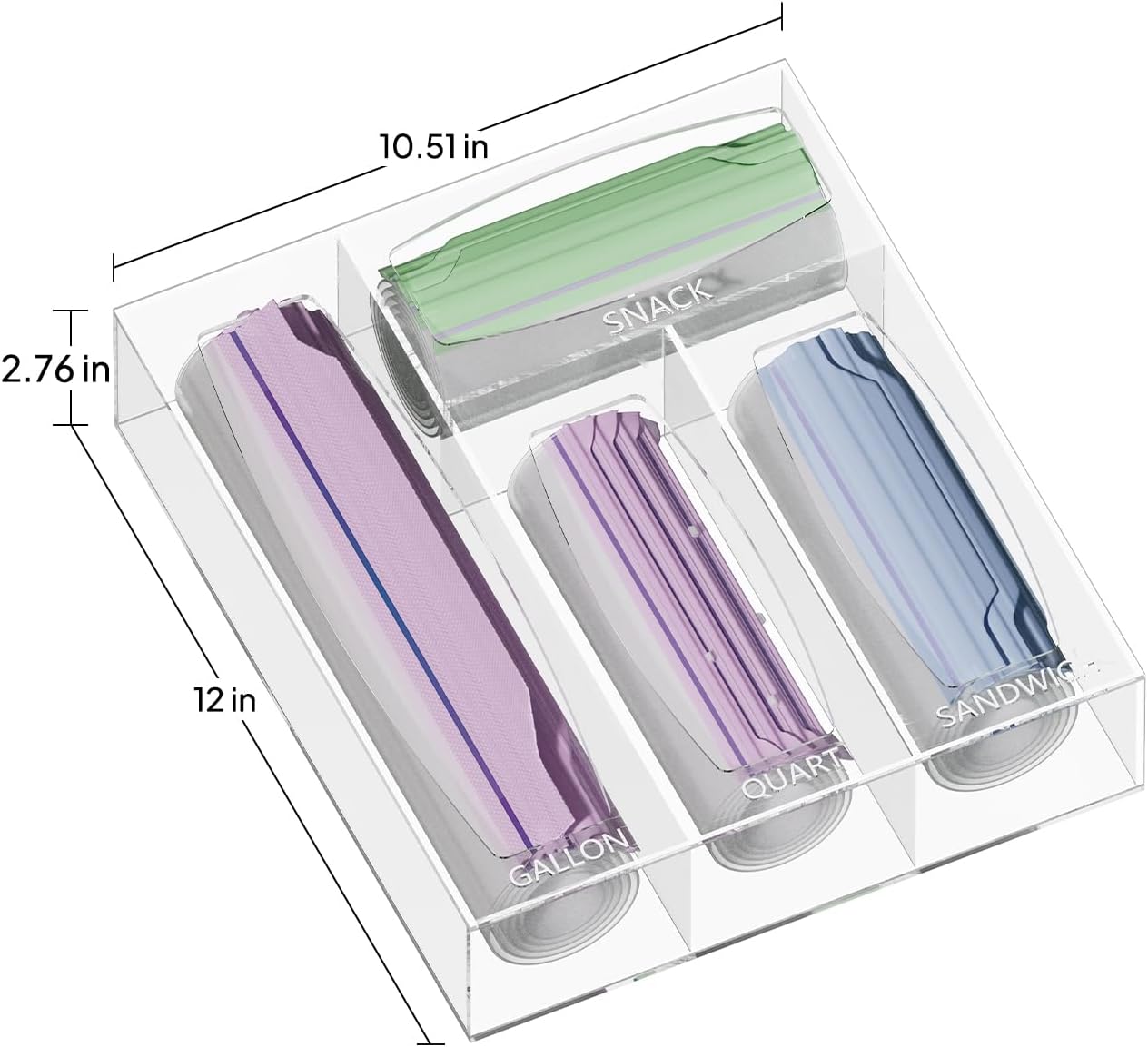 Aquiver Acrylic Bags Storage Organizer - Baggie Bags Drawer Organizer & Plastic Food Storage Bags Holder - Compatible with Gallon, Quart, Sandwich, Snap, Freezer, Slider Bags (Clear)