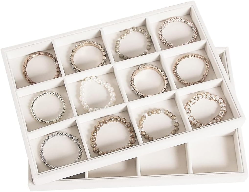 2pcs/Set Velvet Jewelry Tray, 12 Grids Large Storage Tray for Bracelet Bangle Beads Display, Jewellery Organizer Box Tray for Home Drawer or Shop Store Selling Show (Beige Velvet)
