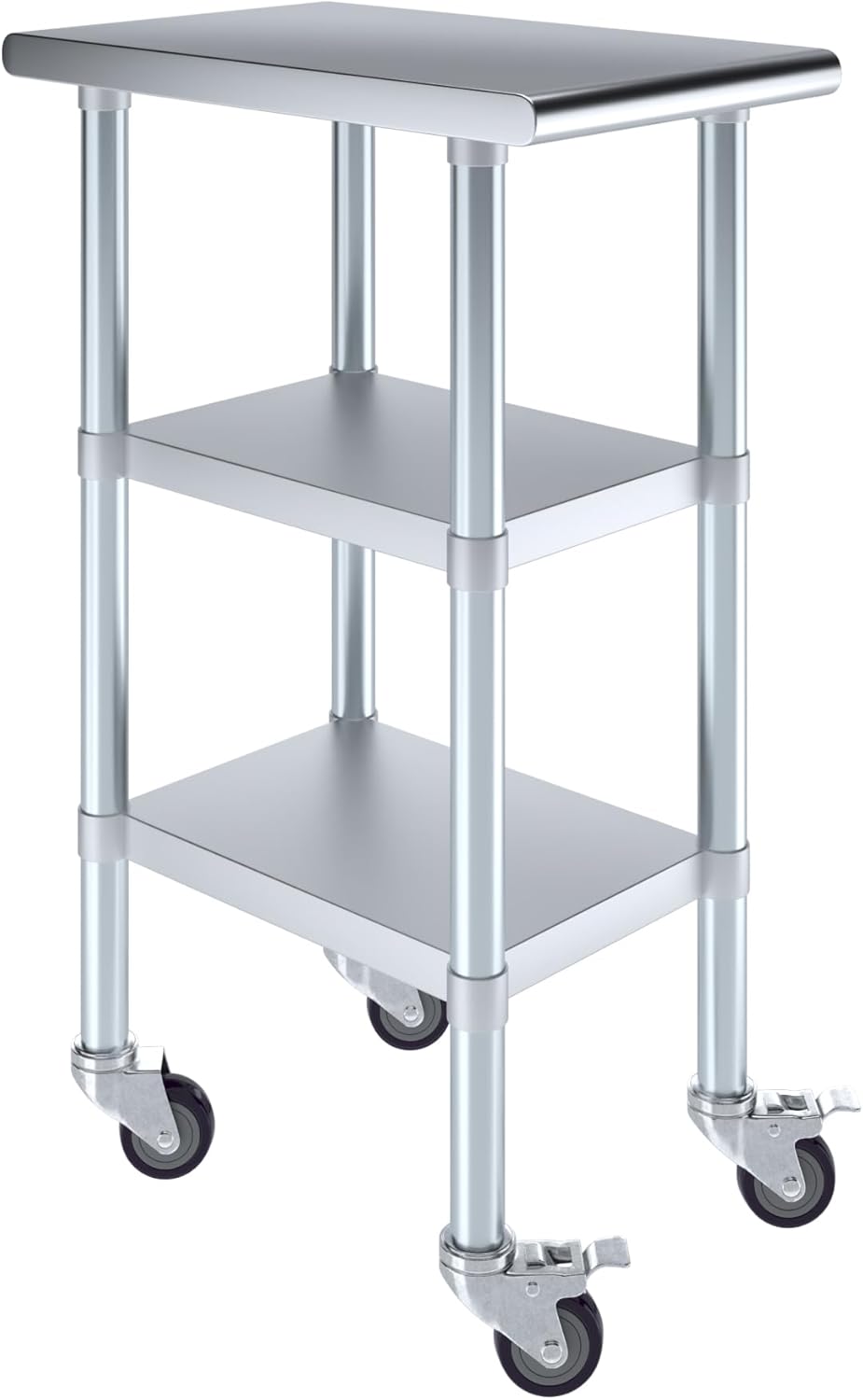 AmGood Stainless Steel Work Table with 2 Shelves and Casters | Metal Utility Table On Wheels (Stainless Steel Work Table with 2 Shelves + Casters, 15" Long x 24" Deep)