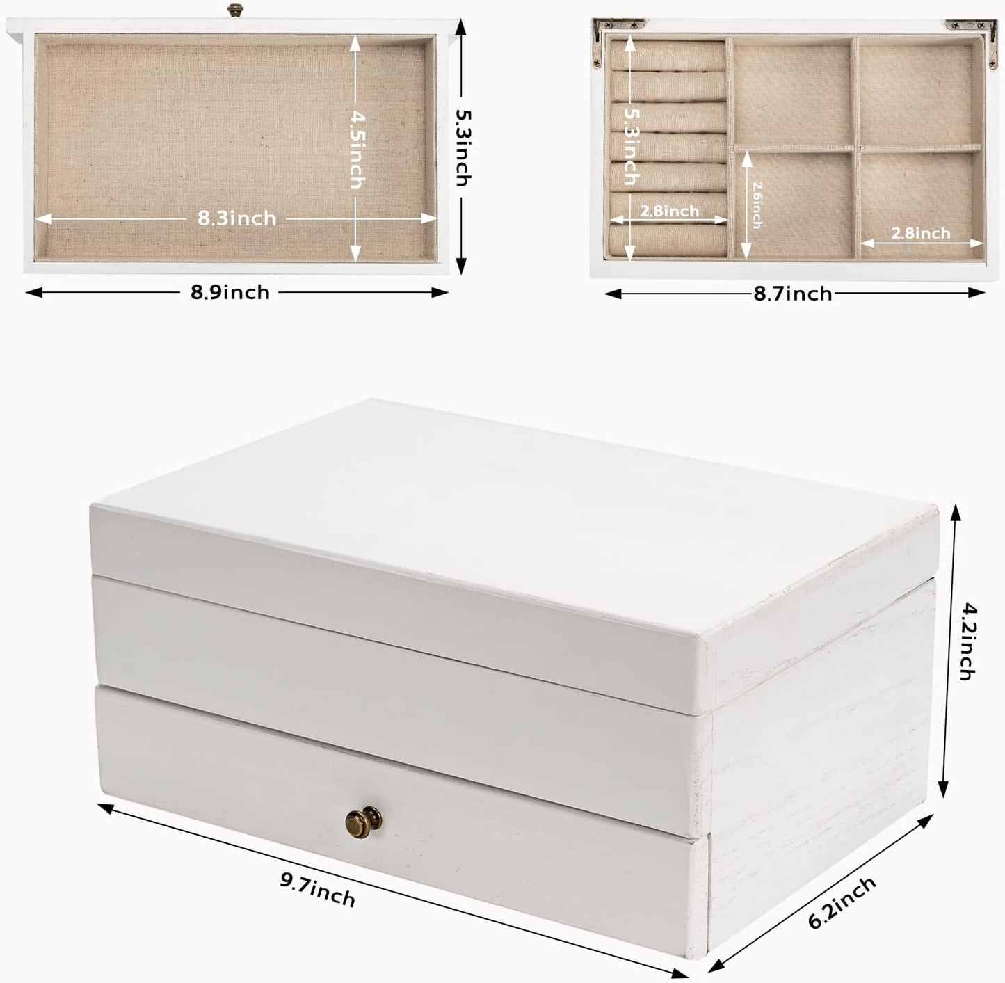 Meangood Jewelry Box Organizer for Women, 2 Layer Large Jewelry Storage Case, Rustic Wooden Jewelry Box with Mirror & Ring Tray for Necklace Earring Bracelets Rings, Vintage Style (White)