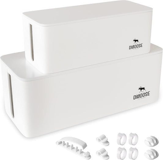 DMoose Cable Management Box - 2 Pack Medium & Large Cord Organizer for Desk & Floor - Cable Organizer Box for Child & Pet - Cable Box Hider for Tidy Office & Home, Power Strip Cover (White, Pack of 2)