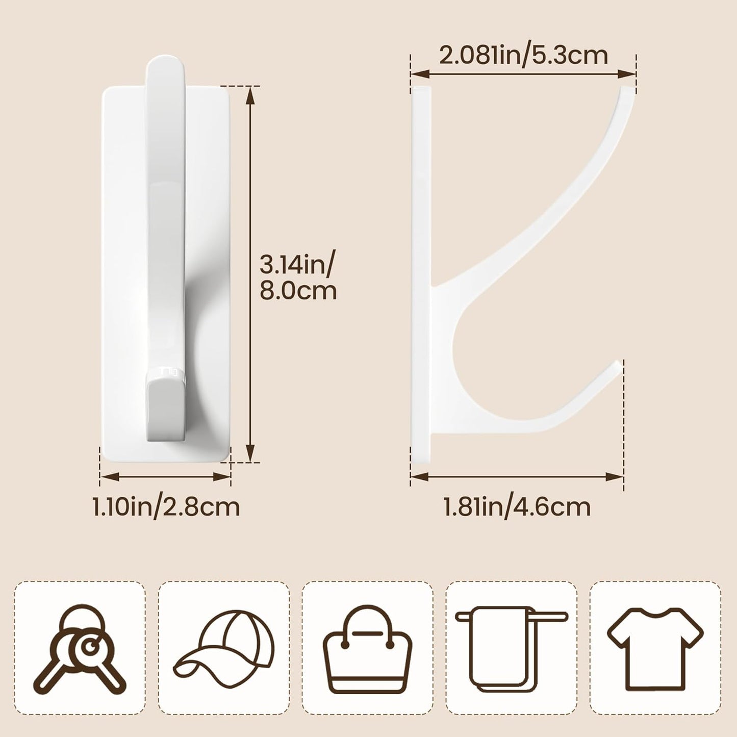 pickpiff Self Adhesive Coat Hooks for Hanging, Heavy Duty Stainless Double Wall Hook for Towel, Backpack, Hat, Sturdy Metal Hanger for Bathroom, Bedroom, Door, Wall Mounted, 10 Pack, White