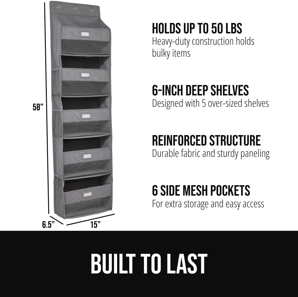 GORILLA GRIP Large Capacity Closet Organizer, 5 Deep Shelves, Holds 50lbs, Over the Door Organizers 6 Mesh Pockets, Shelf Storage for Clothes Crafts Dorm Essentials, 3 Metal Hooks, 58x15 Inches, Gray
