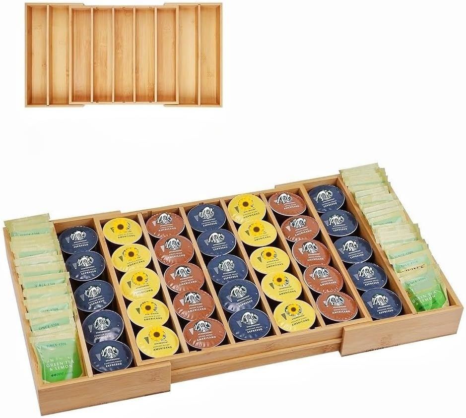 K Cup Holder Bamboo Coffee Pod Holder Drawer Organizer, Expandable K Cup Pod Storage Tea Bag Storage for Coffee Station Home Office and Kitchen