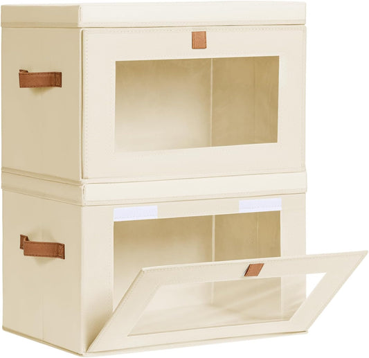 Large Closet Storage Organizer - Clothes Storage Bins with Handles & Window, Collapsible Decorative Boxes with Lids, Fabric Containers for Living Room, Dorm, 2 Pack, Beige