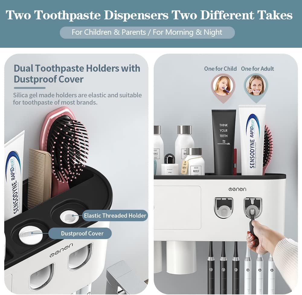 Toothbrush Holders Wall Mounted, Toothbrush Holder with Automatic Toothpaste Dispensers, 6 Brush Slots, 3 Magnetic Cups,1 Cosmetic Drawer Organizer and 1 Large Storage Tray