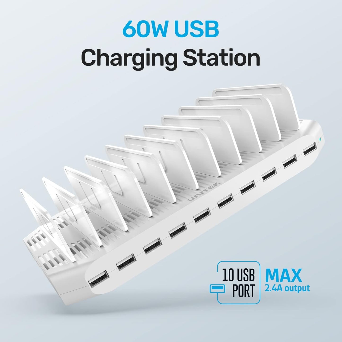 【10PCS】 Unitek Multi Charging Station, 10-Port USB Charger for Multiple Device with SmartIC Tech and Adjustable Dividers, Organizer Stand Compatible with iPad, Tablet, Kindle, iPhone - 10PCS, White