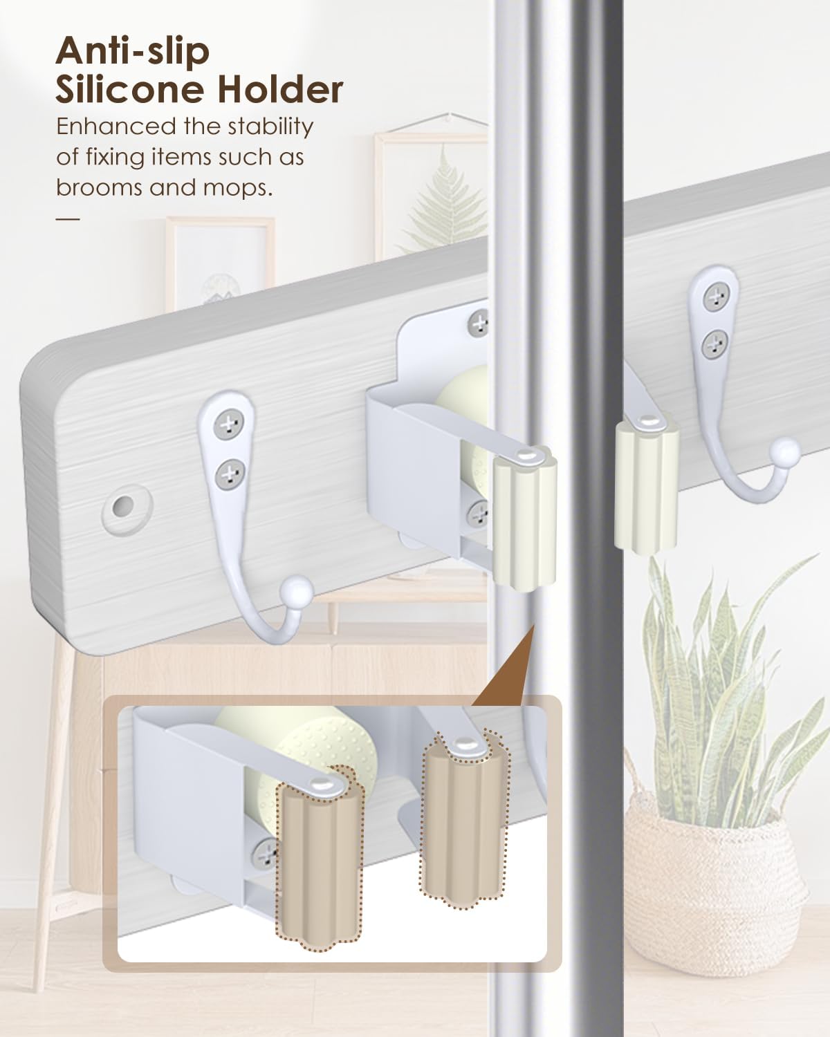 AceMining Broom Holder Wall Mounted, White 4 Holders and 4 Hooks Mop Holder, Wooden Mop and Broom Holder with Anti slip rubber, Natural pine wood Brush Holder, Mop Wall Holde with Nail installation