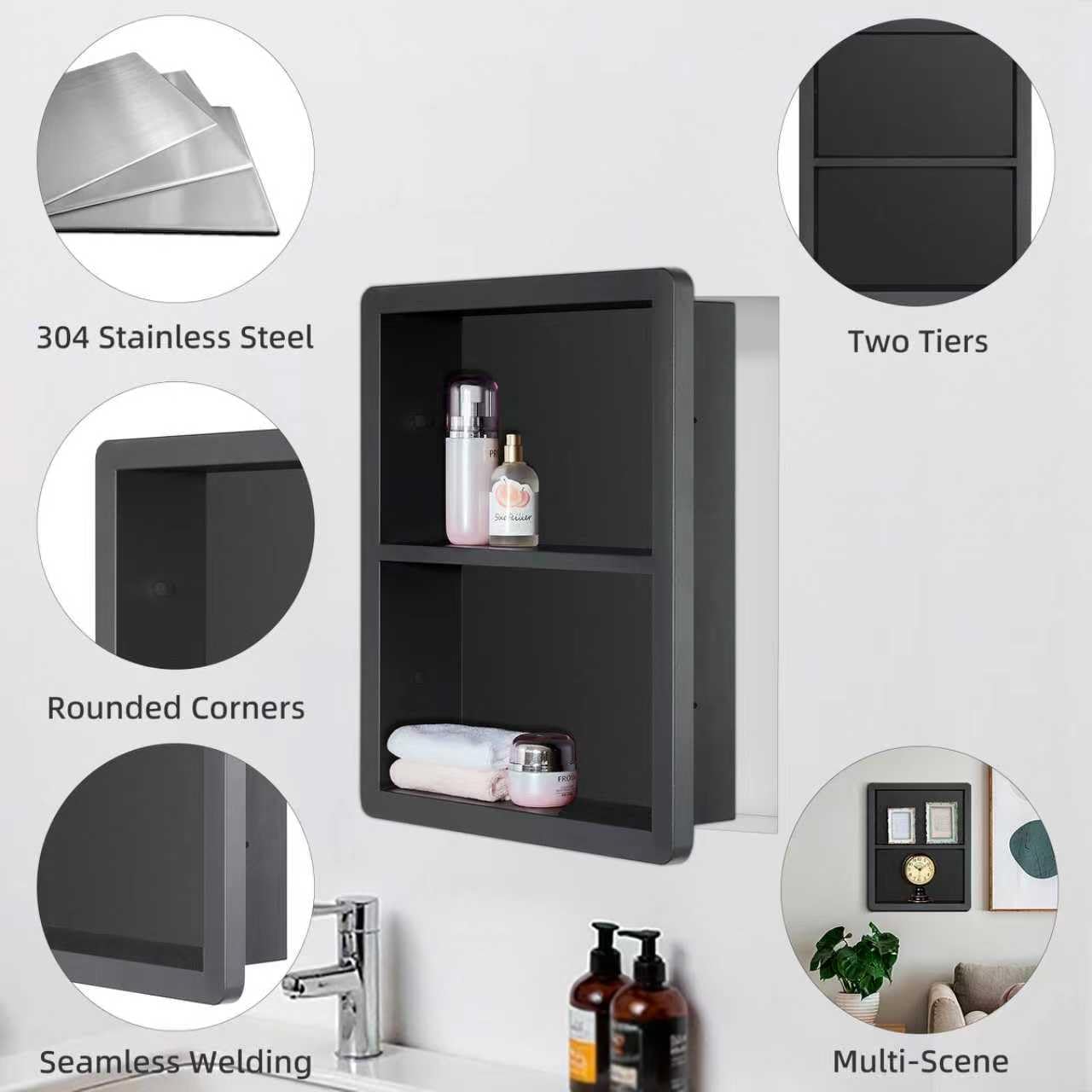 Shower Niche 14x18, Recessed Medicine Cabinet Without Mirror, 304 Stainless Steel Bathroom Storage Cabinet with Shelf, Waterproof Wall Niche for Bathroom in Matte Black