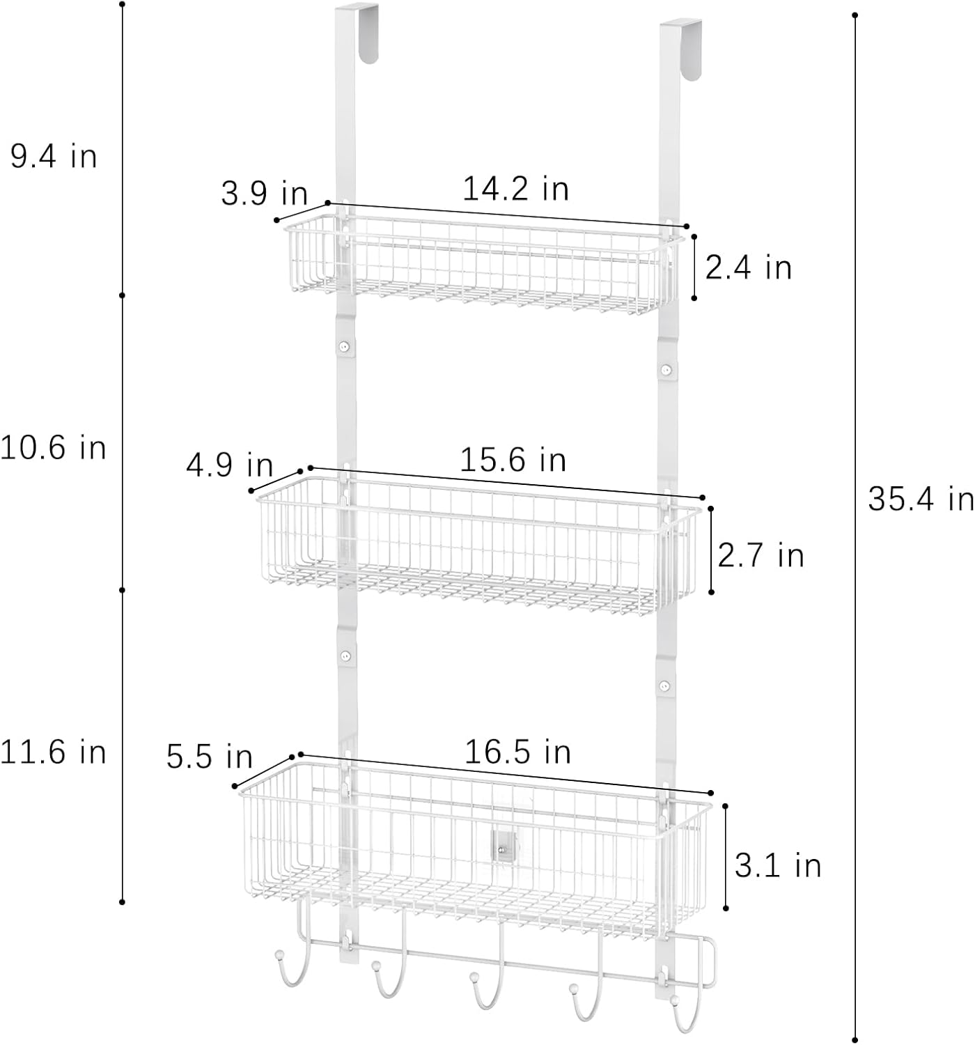 CADUKE Over The Door Organizer Hanger with Basket Hanger Door Towel Rack with 5 Hooks Back of Door Storage Organizer Behind Door Hooks Hanger Shelf for Bathroom, Kitchen, Office, White