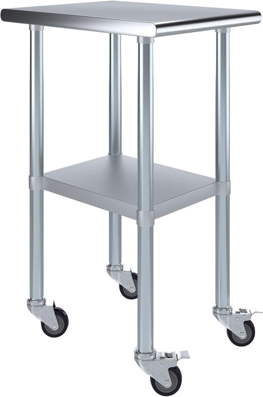 AmGood 24" x 18" Stainless Steel Work Table with Casters | Heavy Duty Metal Utility Table On Wheels | Kitchen Island Cart