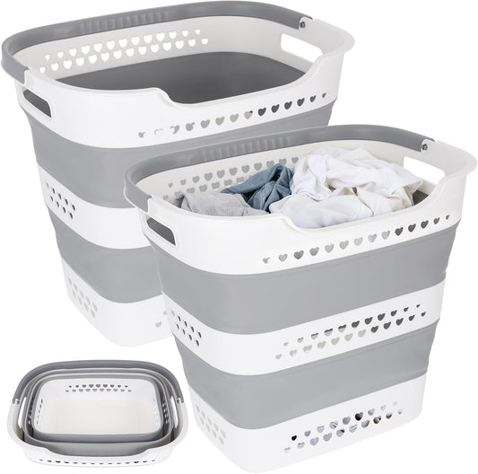 2 Pcs Collapsible Laundry Baskets for Dirty Clothes, 43L Plastic Laundry Hamper for Dorm Bedroom, Space Saving Pop-Up Laundry Hamper Container, Durable Foldable Laundry Basket with Handles (Grey)