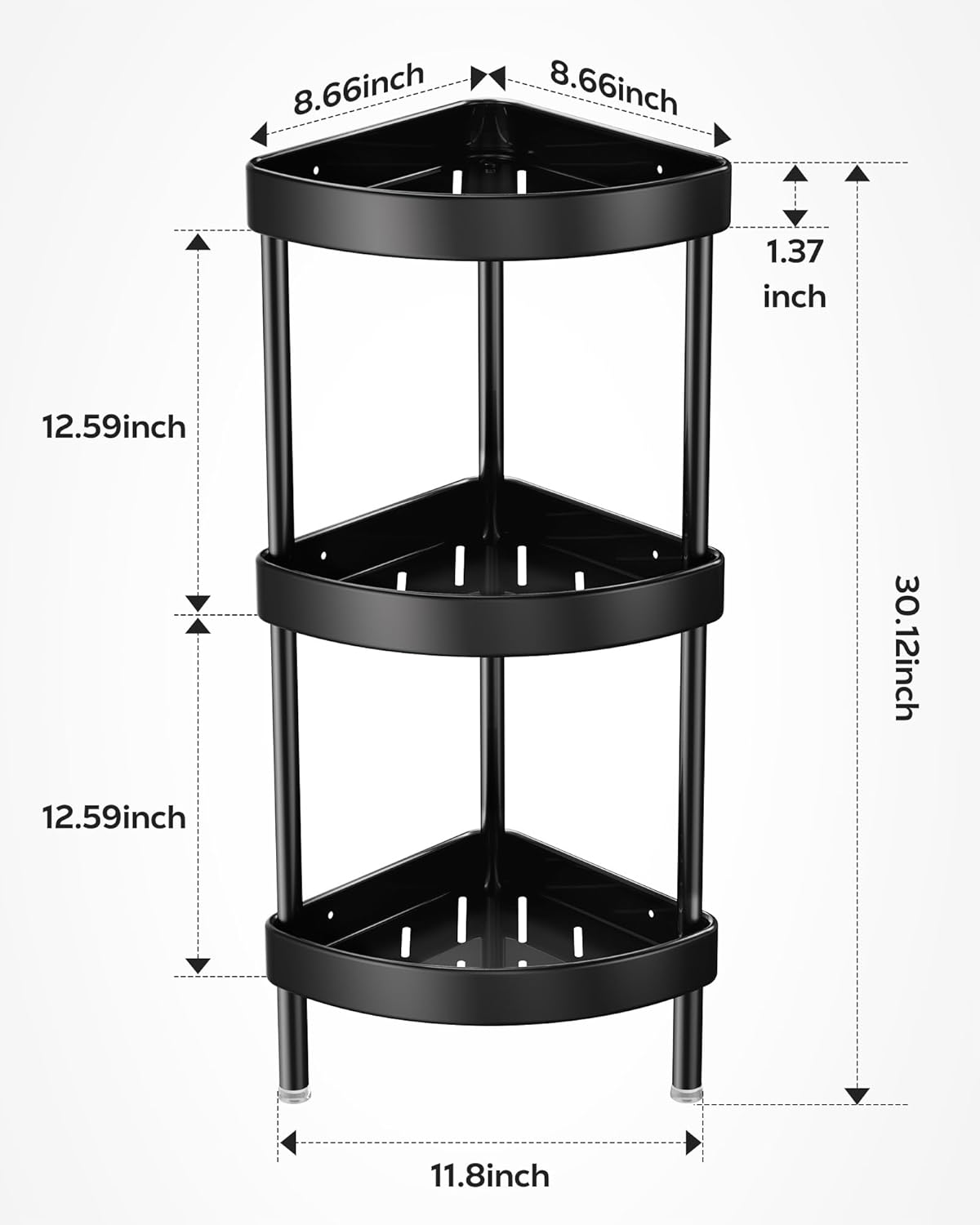 Nieifi Corner Shower Caddy Stand-3 Tier Rustproof Anodized Aluminum Standing Shower Organizer-Shower Caddy Corner-Dual Stability to Anti-Shaking-Height-Adjustable Legs for Uneven Surfaces-Black