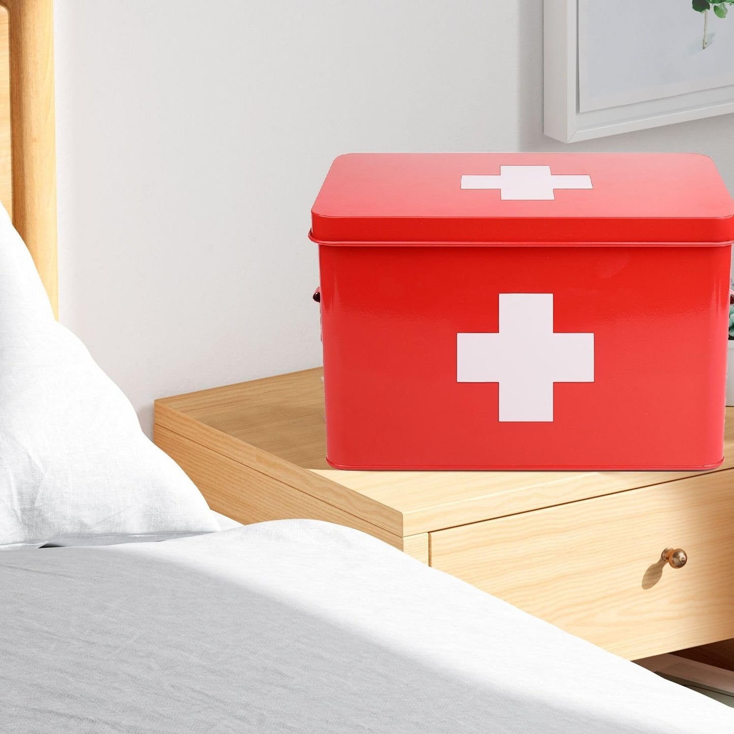 Flexzion First Aid Box Organizer Empty 13" Red Vintage First Aid Kit Tin Metal Medical Box - First Aid Storage Box Container Bins with Dividers, Removable Tray and White Cross Logo