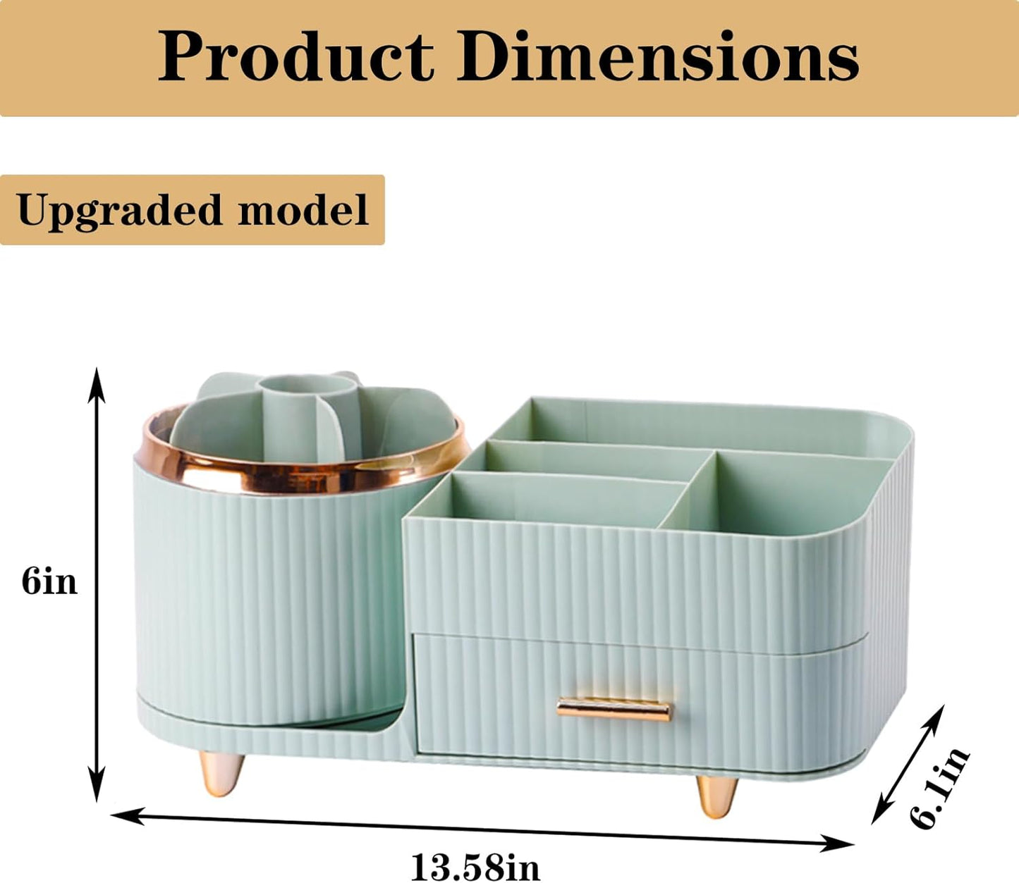 Rotating Makeup Organizer for Vanity with Brush Holder and Drawer, Cosmetic Makeup Storage, Large Spinning Makeup Skincare Organizer, Countertop Makeup Perfume Organizer, Lotions Display Case (Green)