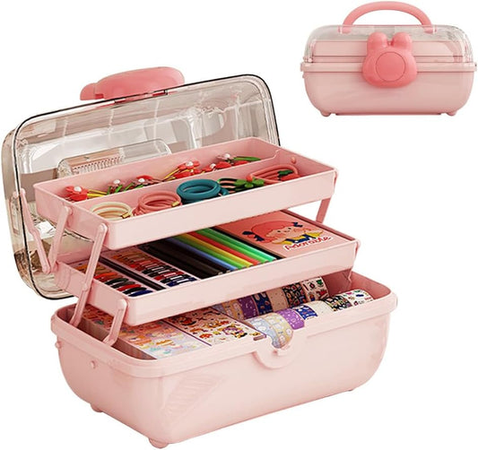 Cute Hair Accessories Organizer 3-Layers Kids Jewelry Storage Box Plastic Hair Accessories holder for Girls (Pink-Rabbit)