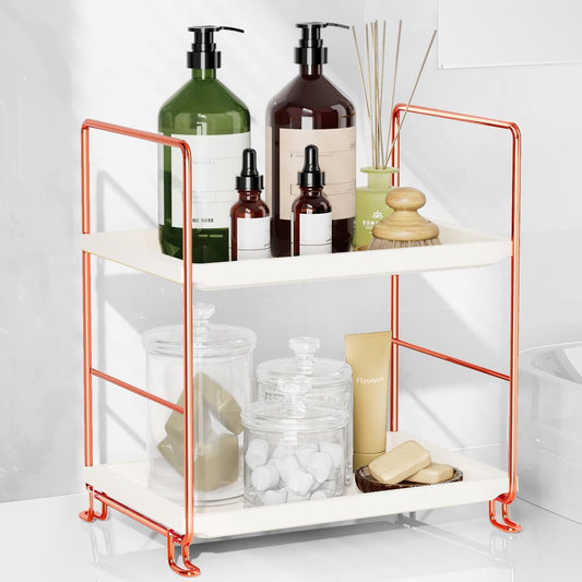 FSyueyun 2-Tier Bathroom Countertop Organizer, Tool-Less Installation Premium Plastics Makeup Shelf Organizer Perfume Skincare for Dresser Vanity Tray Organizers and Storage (Rose Gold)