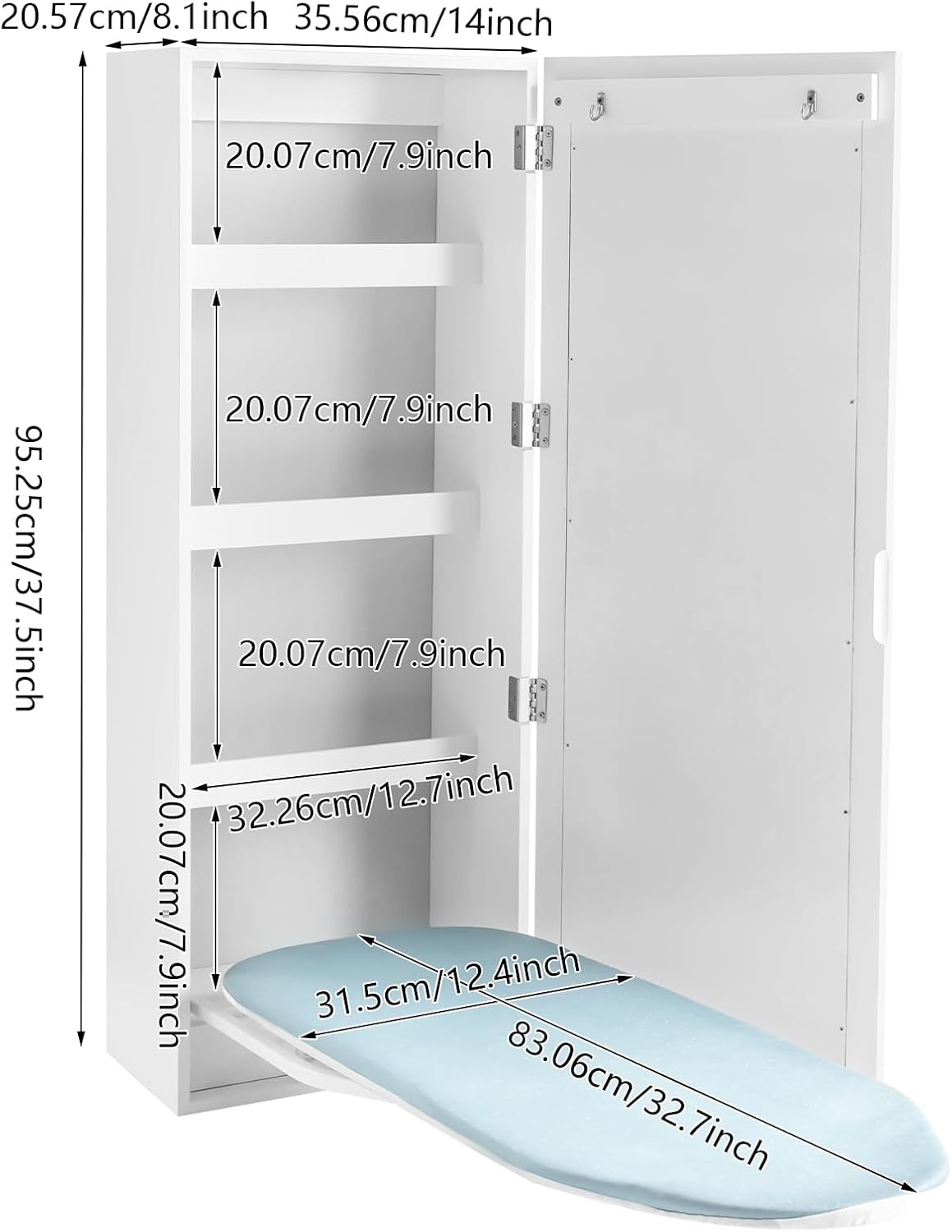 Space-Saving Wall Mounted Ironing Cabinet with Mirror – Rotating Ironing Board, 4 Shelves & 2 Hooks for Clothes Storage & Dressing, Ideal for Small Spaces, Apartments & RVs