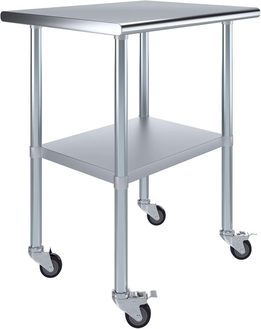 AmGood 24" x 30" Stainless Steel Work Table with Casters | Heavy Duty Metal Utility Table On Wheels | Kitchen Island Cart