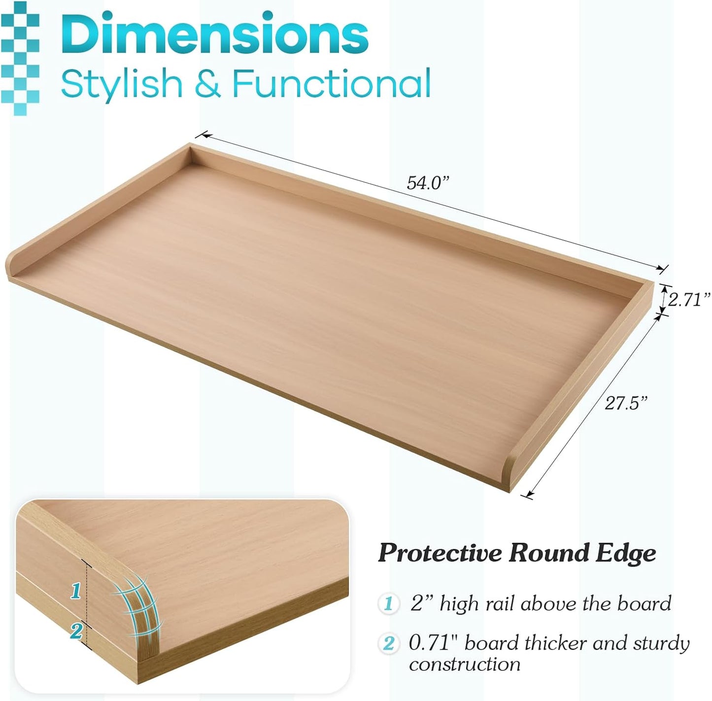 Kaboon Washer Dryer Countertop, Melamine Countertop with Edge Rails - 27.5" Depth x 54" Width Laundry Room Organization, Light Walnut